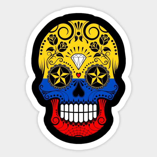 Colombian Flag Sugar Skull with Roses Sticker by jeffbartels